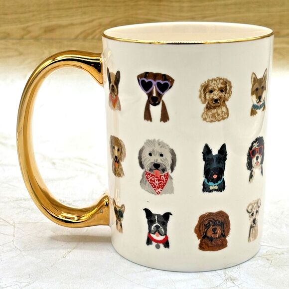 Anthropologie Rifle Paper Co Porcelain Coffee Mug Hot Dogs Gilded Handle & Lid - Picture 3 of 13